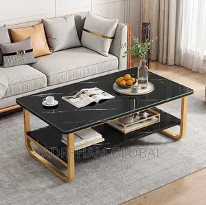Faux Marble Design Double Layer Centre Table, Black) 120cm.