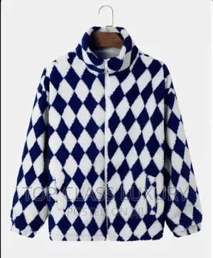 Argyle Pattern Zip-Up Stand Collar Fleece Plush Jacket