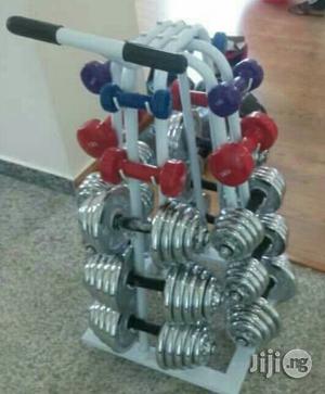 Complete Set Of Iron And Rubber Dumbbells And Rack All Size