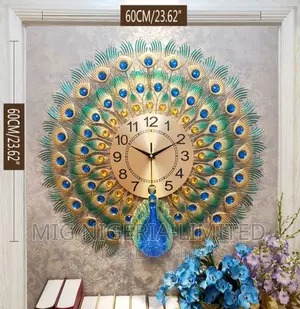 Peacock Wall Clock Design With Torch Blue Gold Decor