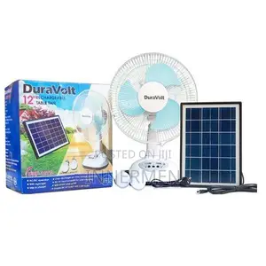 Duravolt 12" Rechargeable Table Fan With Solar Panel/2 Bulbs