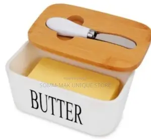Porcelain Butter Dish With Knife and Bamboo Lid Cover