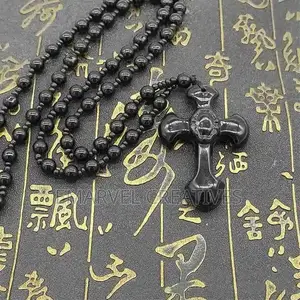 Natural Black Obsidian Carved Cross Lucky Pendant Free Beads