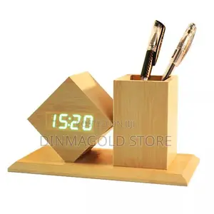 Led Alarm Clock Wooden Pen Holder