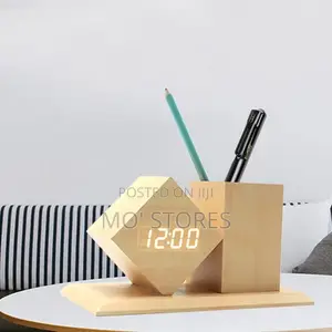 Wooden Pen Holder With Clock