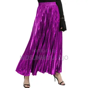 High Waist Shiny Metallic Luster Pleated Maxi Long Skirt
