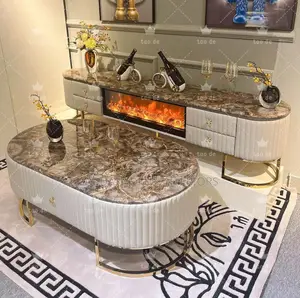 Exquisite Marble Top Center Table With Fireplace TV Console