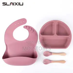 4pcssilicon Baby Bib,Plate,Spoon and Fork