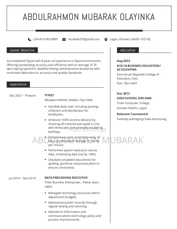 Computer Operator, Web Developer, Typist