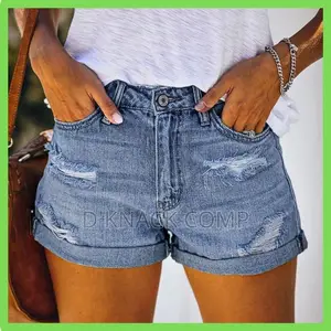 Sexy Stretch Cuffs Women's Shredded Slim Shorts Jeans - Blue