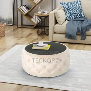 Upholstered Tufted Center Coffee Table With Glass Top