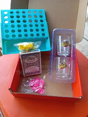 Connect 4 Game, 2 Drinking Water Glass Shot and Playing Card