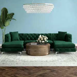 Green Velvet 3 Piece U-Shaped Sectional With Diamond Tufting