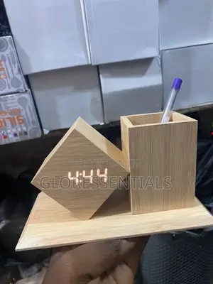 Wooden Table Top Digital Clock and Pen Holder
