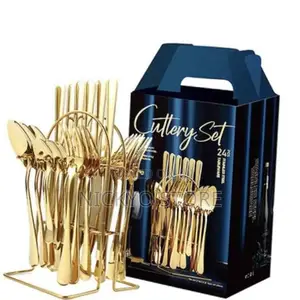 24pcs Stainless Steel Cutlery Set With Stand Gold