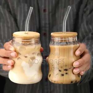 500ml Stripe Glass Cup With Straw