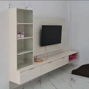 Tv Panel With Glass Shelves and Suspended Console