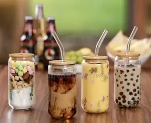 Drinking Glass With Bamboo Lid and Straw