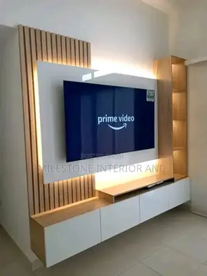 Modern Tv Panel and Console With Suspended Shelves and Light
