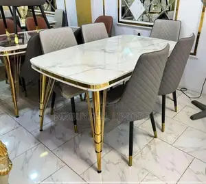 6 Seaters Marble Dining Table With Metal Legs Padded Chai