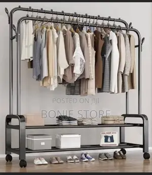 48kg Heavy Duty Double Pole Cloth Rack Hanger With 4 Wheel
