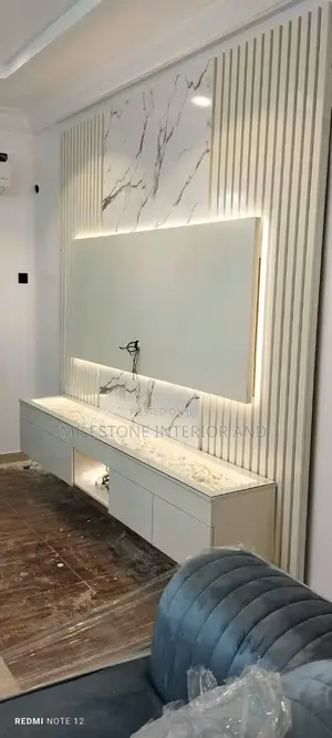Modernized Tv Panel and Console With Lights, Crystal Stones