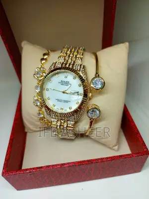 Ladies Rolex Iced Watch With Two Bracelets - Gold