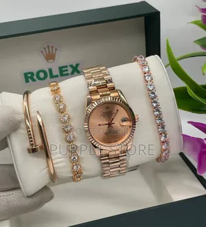 Rolex Female Watch And. Bracelets. Set--Rosegold