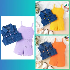 Girl's Turkey Colourful Short Dungarees And Jeans Jacket Set