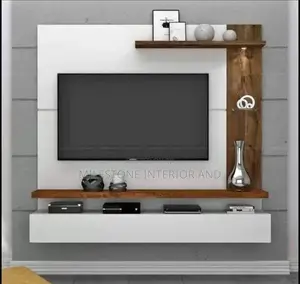Simple White and Brown Tv Stand Design With Hydraulic Doors