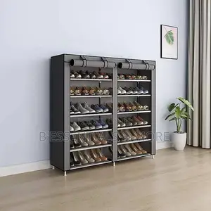 6 Tier Double Column Two Sided Shoe Rack With Fabric Cover
