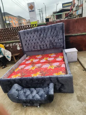 Grey 6by6 Upholstery Bed Frame With Footrest and Bed Side