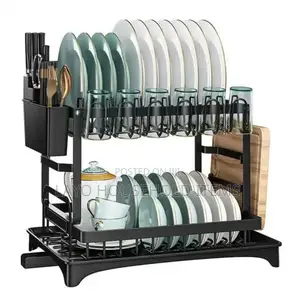 Kitchen Double-layer Dish Rack,Tableware Drain Rack - Black