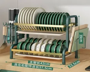 2 Tier Green and Gold Plate Rack With Cutlery Holder