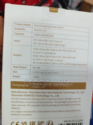 Romoss PAC 20 22.5w 20,000mah Power Bank With Cable