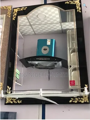 Bathroom Mirror and Glass Tray Black Edge and Gold 50x70