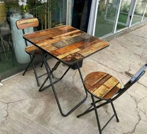 Vintage Wooden Foldable 1table 2chairs With Metal Legs