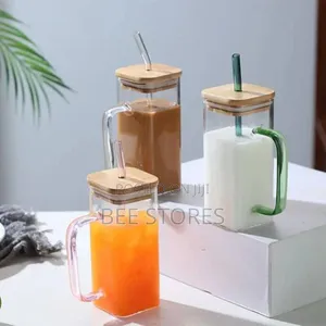 Glass Cup With Bamboo Cover and Straw