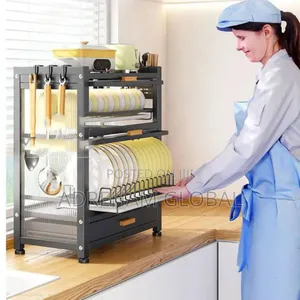 Iron Double Layer Dish Rack With Glass and Drawer 