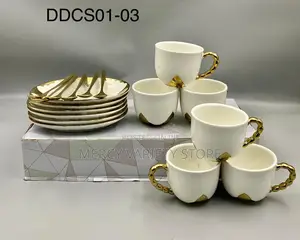 Tea Cup With Saucer and Gold Teaspoon Set - 6pcs