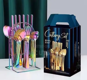 A Set of High Quality Diamond Colored Cutleries With Stand