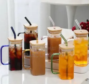 Beautiful Glass Cup With Bamboo Lid and Straw (6pcs)