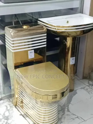 Gold And White Line Toilet Set