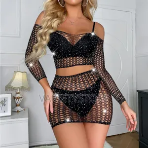 Sexy Rhinestone Lingerie Set With Hollow Skirt