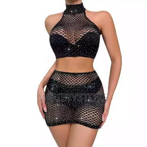 2 Piece Fishnet Halter-Neck Sleeveless Rhinestones Costume