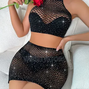 2 Piece Fishnet Halter-Neck Sleeveless Rhinestones Costume