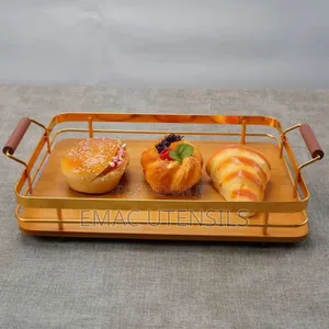 Metal Handle Bamboo Wooden Luxury Gold Tray Set