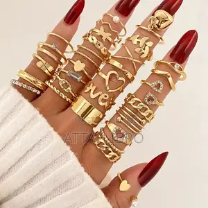 27pcs Gold Color Love Letter Zircon Hearts Leaf Rings Set