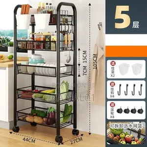 5 Layers Kitchen Storage Rolling Cart Wire Basket Shelf