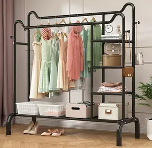 Double Pole Cloth Rack With Shelves